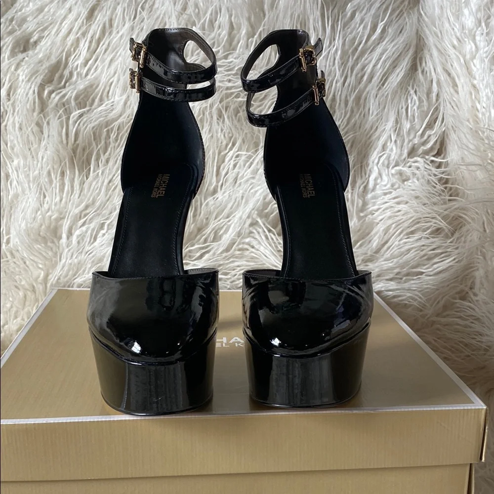 Michael Kors Martina Ankle Strap Patent Leather Platform Heels, Black - Size 9